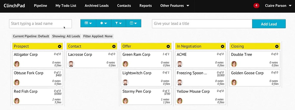 Screenshot of ClinchPad, one of the sales tools