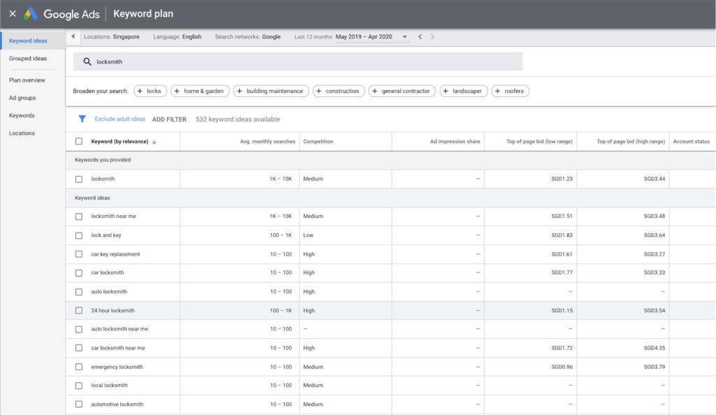 Screenshot of Google Adwords keyword planner tool that can help with planning your SEO content